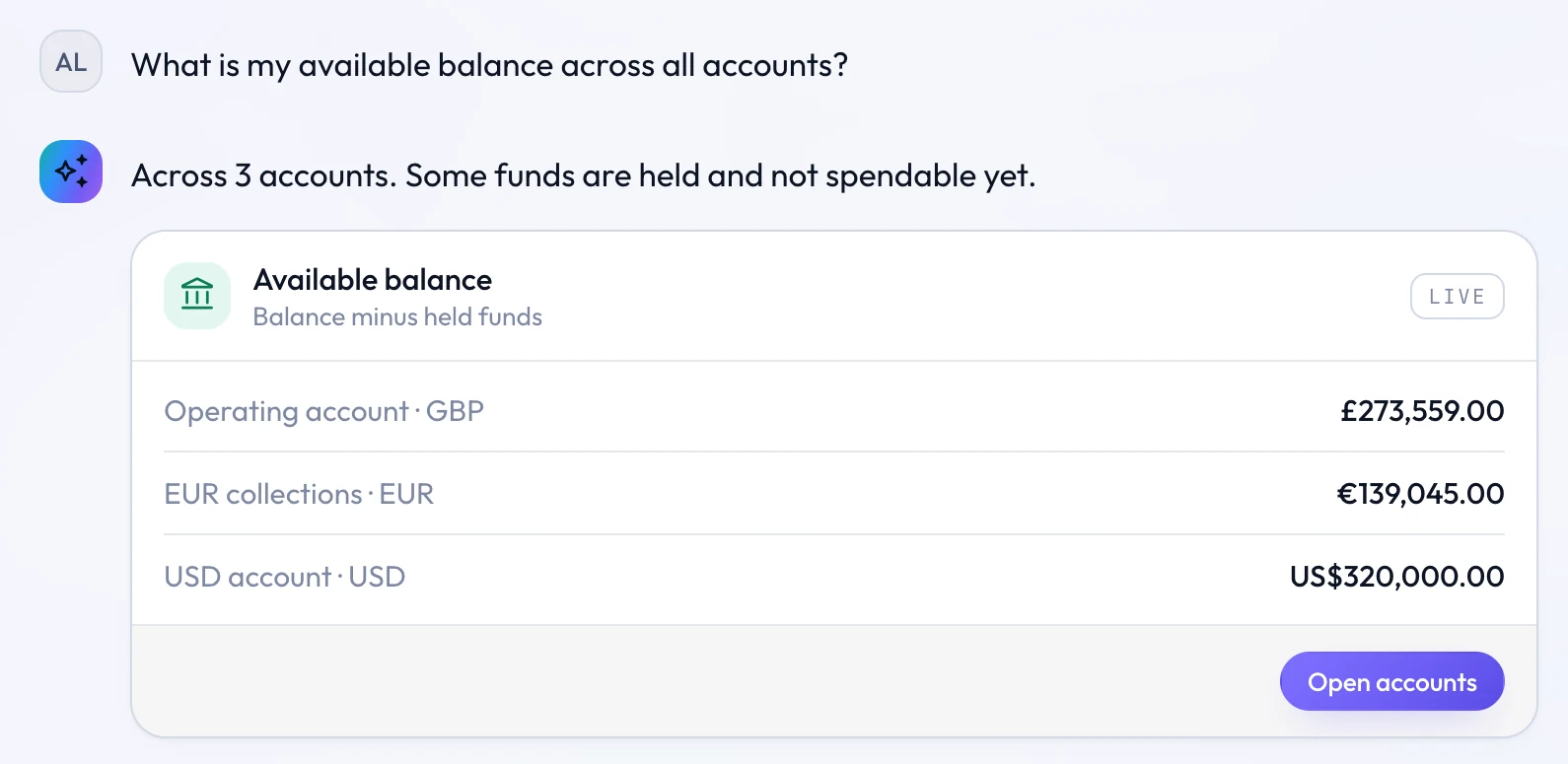 The iban assistant answering a question about available balance across three accounts.