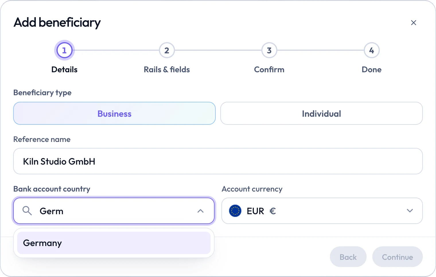 Add beneficiary: a business named Kiln Studio GmbH, picking Germany as the bank account country.