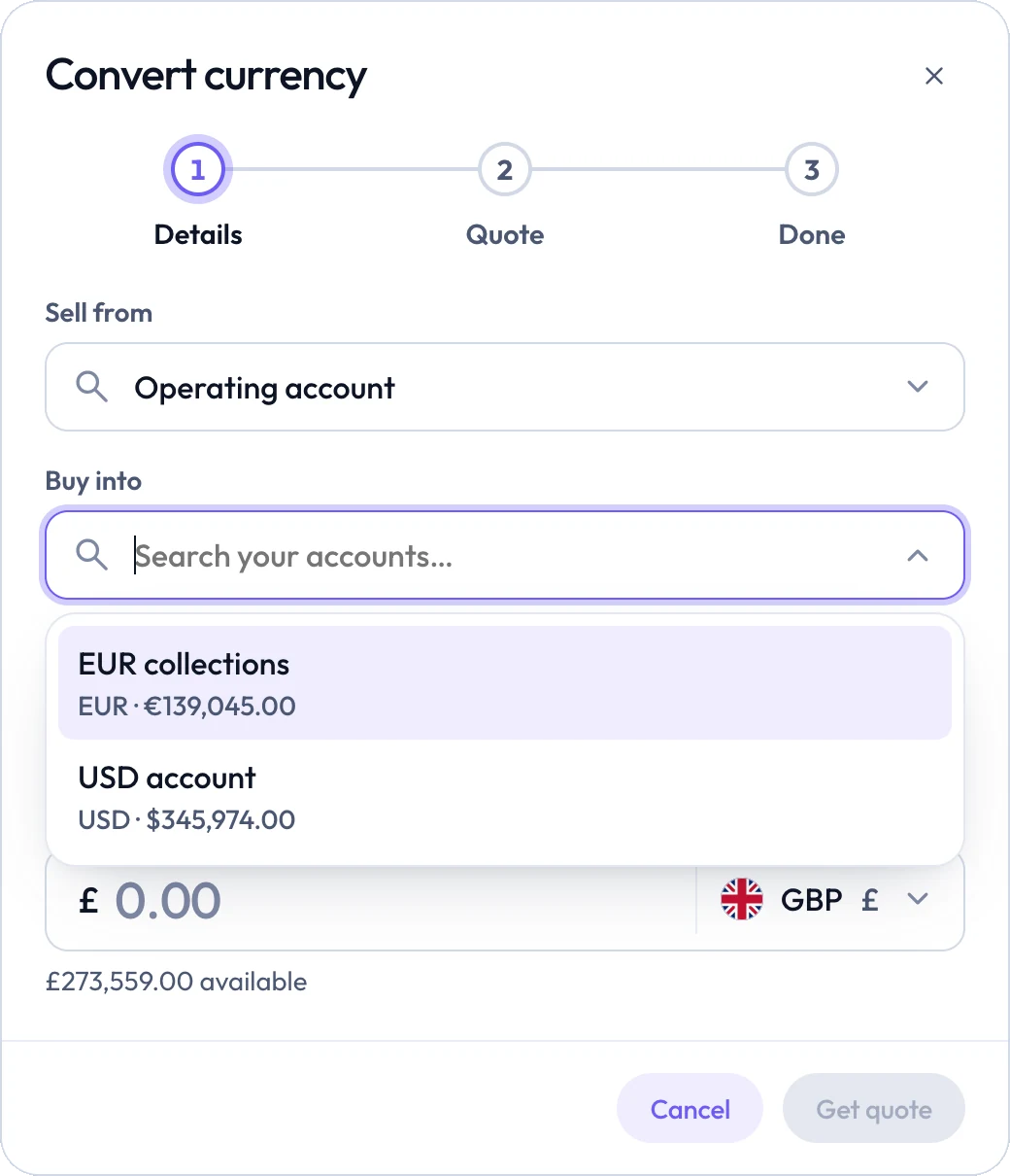 Convert currency, step 1: choosing the account to buy into.