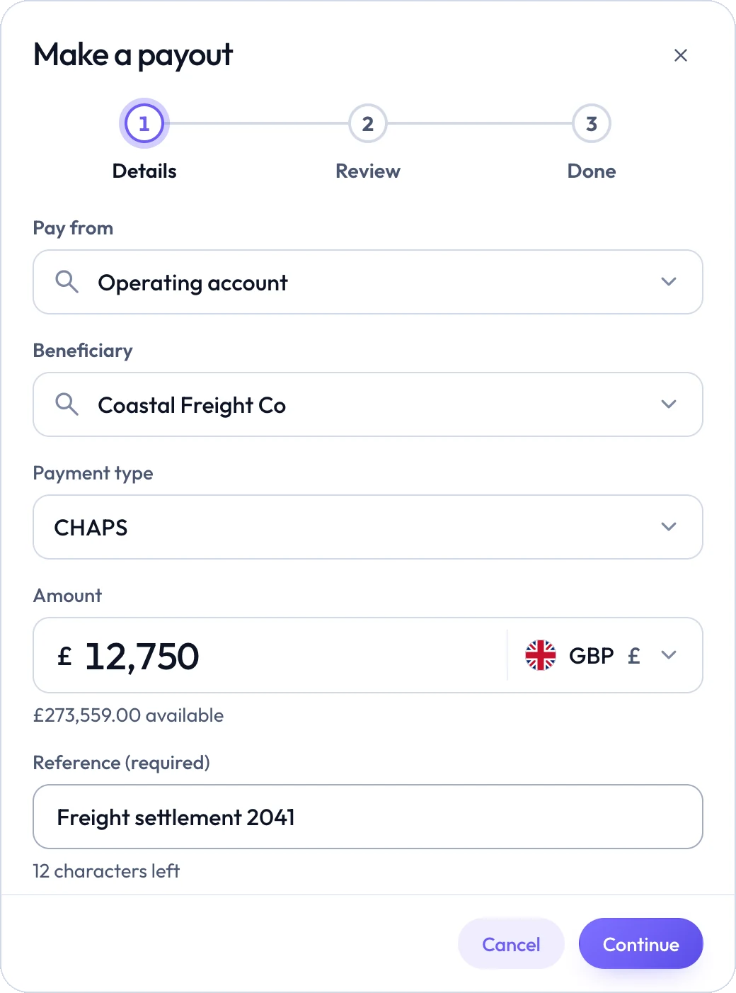 Make a payout, step 1: paying £12,750 from the Operating account to Coastal Freight Co by CHAPS.