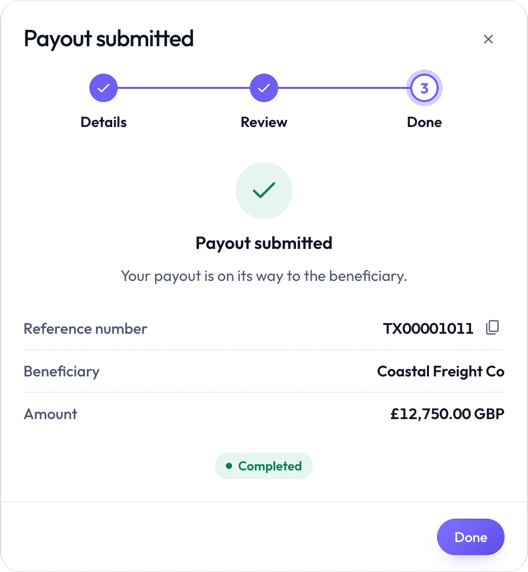 Payout submitted, with its reference number and a completed status.