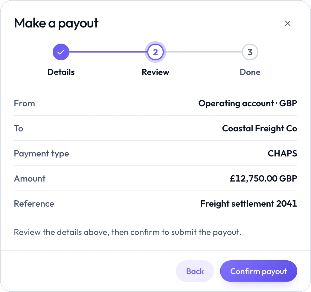 Make a payout, step 2: review the account, beneficiary, payment type, amount and reference.