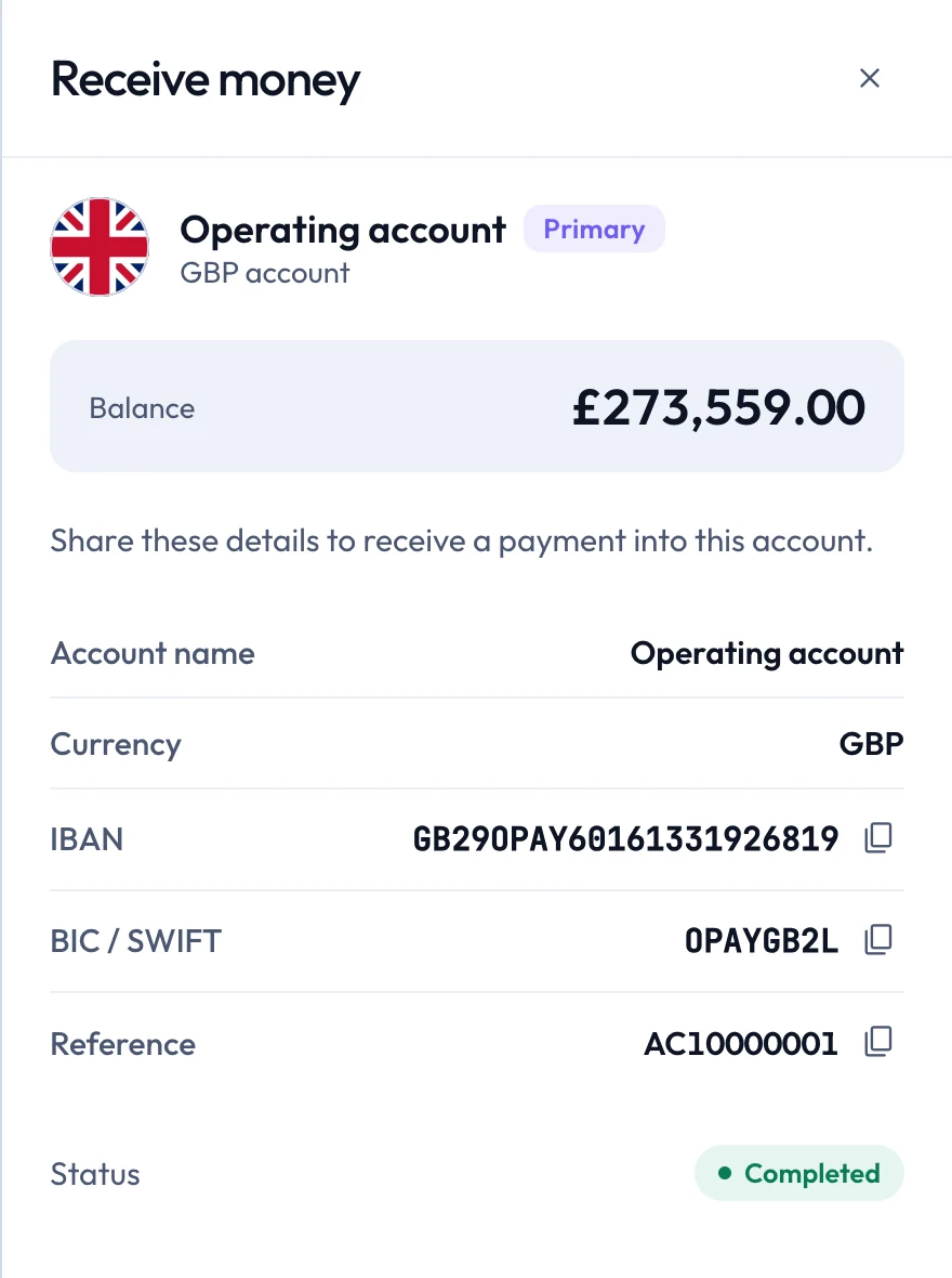 Receive money: the account's IBAN, BIC and reference, each with a copy button.